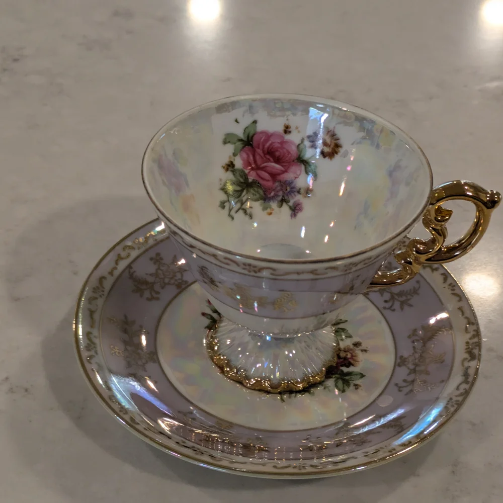 Elegant Floral Teacup and Saucer Set with Gold Accents